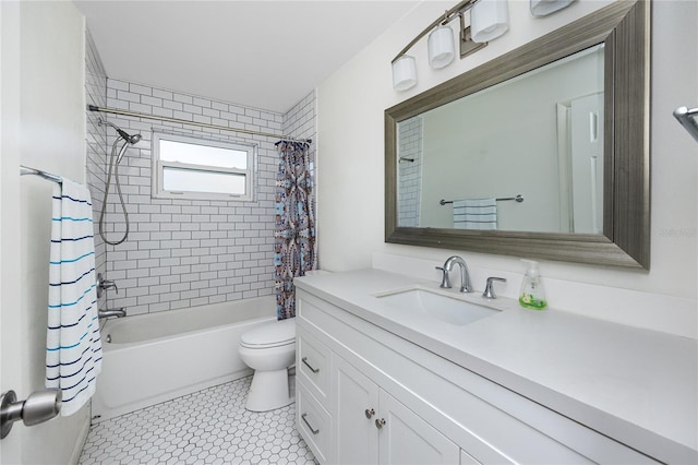 bathroom featuring shower / bath combination with curtain, vanity, and toilet