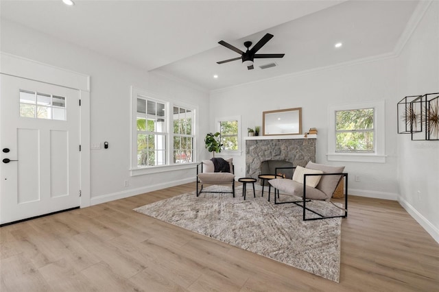 interior space with light wood finished floors, a fireplace, and a wealth of natural light