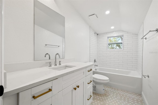 full bath featuring toilet, lofted ceiling, recessed lighting, shower / bathing tub combination, and vanity