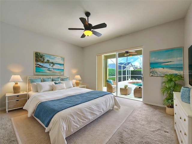 bedroom featuring access to outside, carpet flooring, baseboards, and ceiling fan