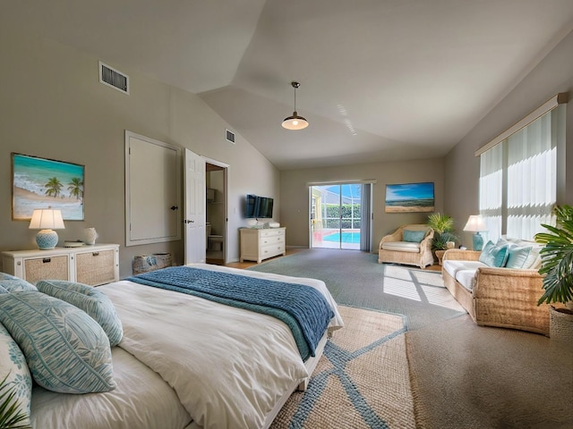 carpeted bedroom featuring access to exterior, visible vents, and vaulted ceiling