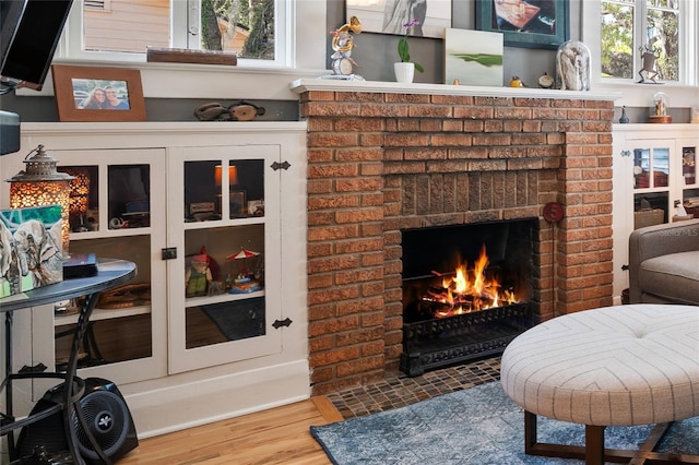 living room featuring wood finished floors and a fireplace