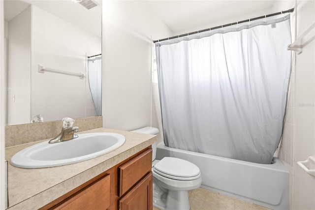 bathroom with visible vents, toilet, shower / bath combination with curtain, tile patterned flooring, and vanity