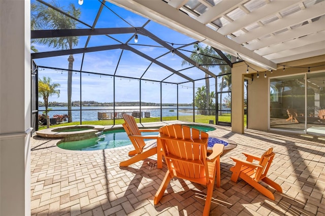 view of patio / terrace with glass enclosure, a water view, and a pool with connected hot tub