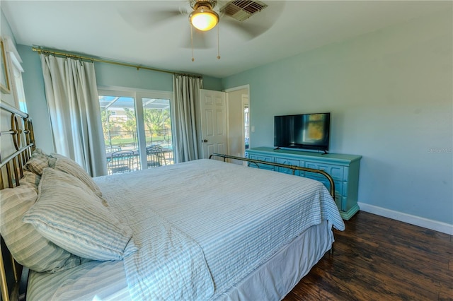 bedroom with visible vents, a ceiling fan, access to outside, wood finished floors, and baseboards