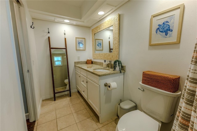 full bath featuring tile patterned floors, baseboards, toilet, and vanity