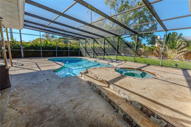 view of swimming pool featuring a fenced in pool, glass enclosure, a fenced backyard, an in ground hot tub, and a patio