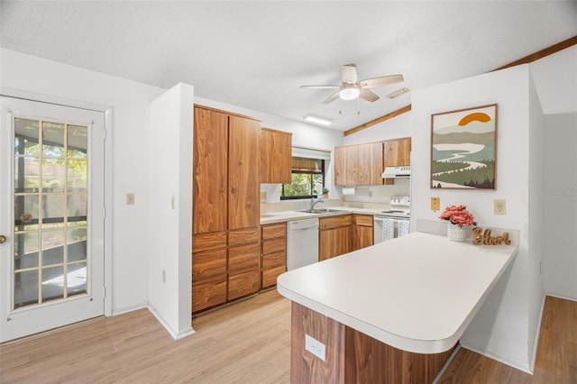 1368 Noell Blvd, Palm Harbor, FL 34683 - kitchen featuring a ceiling fan, white appliances, light wood finished floors, light countertops, and a peninsula