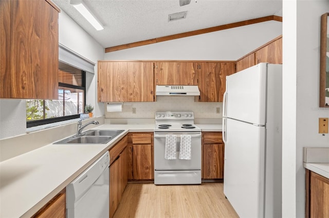 1368 Noell Blvd, Palm Harbor, FL 34683 - kitchen with light wood finished floors, a sink, lofted ceiling, white appliances, and under cabinet range hood