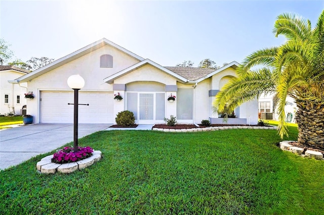 view of front of property with stucco siding, a front lawn, concrete driveway, and a garage