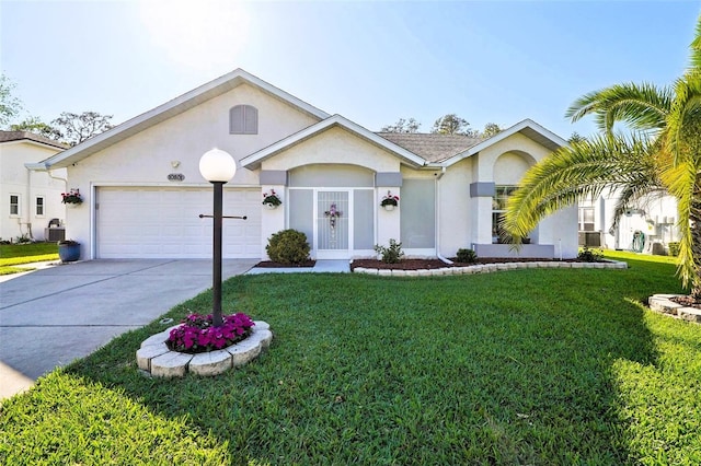 single story home featuring a front lawn, a garage, driveway, and stucco siding