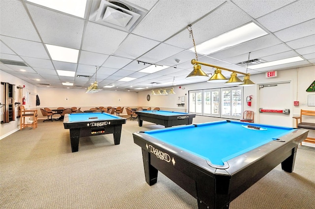 game room with visible vents, carpet, billiards, and a paneled ceiling