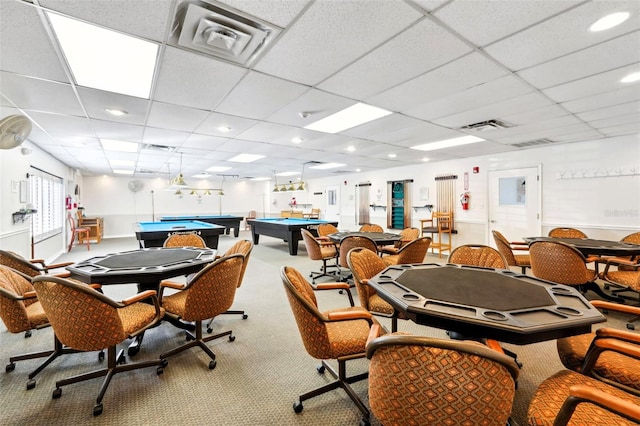 office space featuring pool table, visible vents, and carpet floors