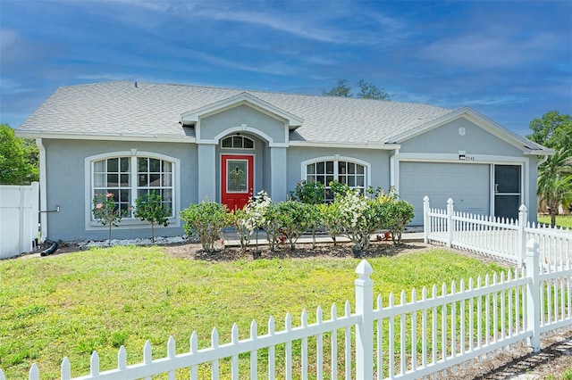 ranch-style home featuring stucco siding, a fenced front yard, roof with shingles, a front yard, and a garage