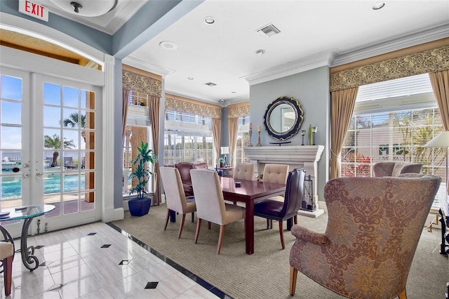 dining space featuring recessed lighting, visible vents, crown molding, and tile patterned flooring