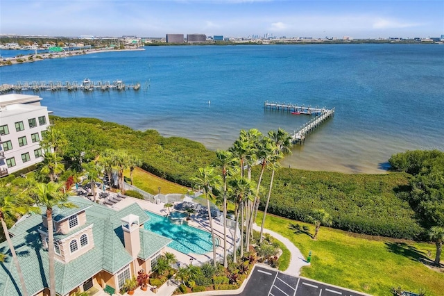 drone / aerial view featuring a water view