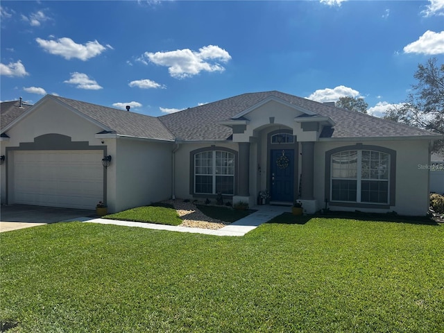 single story home featuring a front yard, roof with shingles, stucco siding, a garage, and driveway