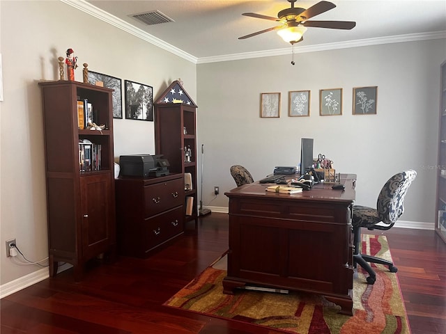 home office featuring baseboards, visible vents, dark wood-style flooring, and ornamental molding