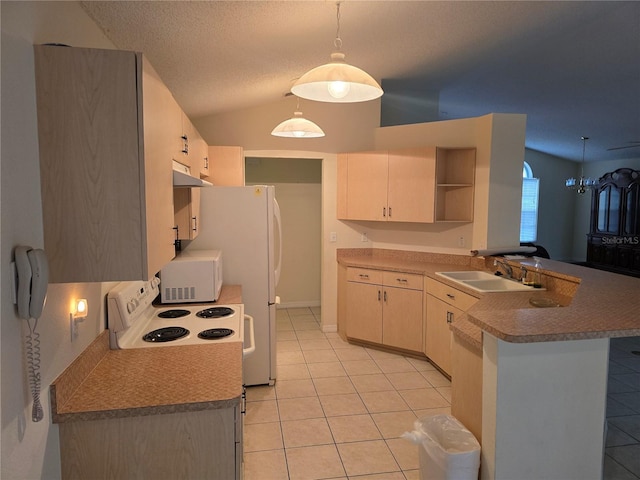 kitchen featuring white microwave, open shelves, electric range, a peninsula, and a sink