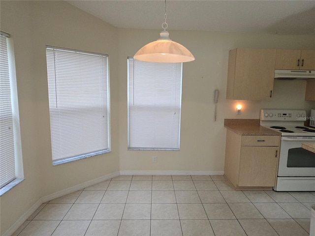 kitchen with baseboards, under cabinet range hood, decorative light fixtures, light tile patterned floors, and white electric stove