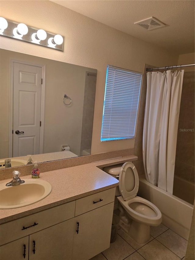 full bath featuring visible vents, toilet, tile patterned flooring, shower / bath combination with curtain, and vanity