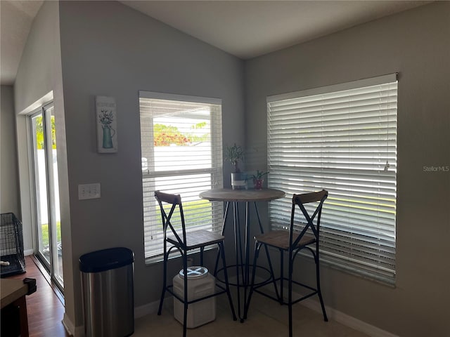 dining room with a wealth of natural light, baseboards, and lofted ceiling