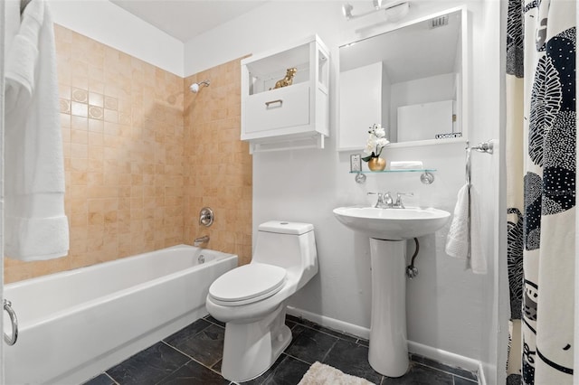 bathroom featuring visible vents, toilet, shower / bath combo, baseboards, and a heating unit