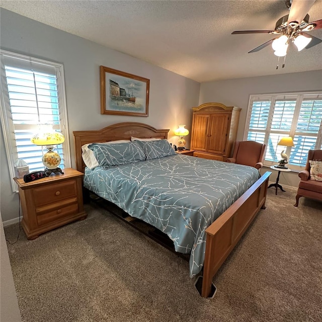 carpeted bedroom featuring multiple windows and a textured ceiling