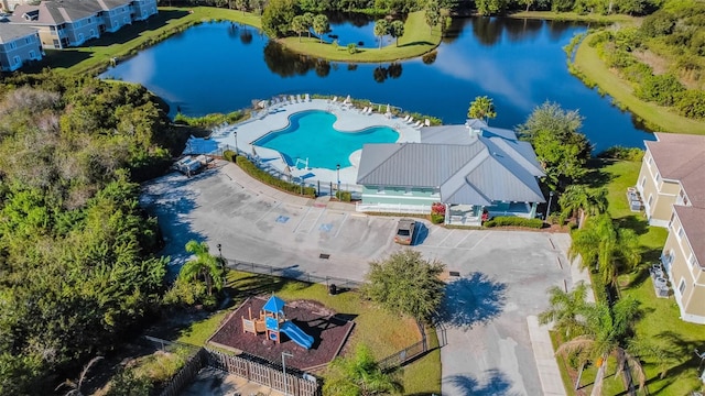 drone / aerial view featuring a water view