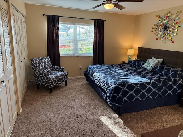 carpeted bedroom featuring ceiling fan