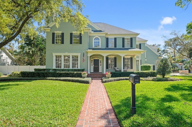 view of front of property featuring a front lawn, fence, and stucco siding