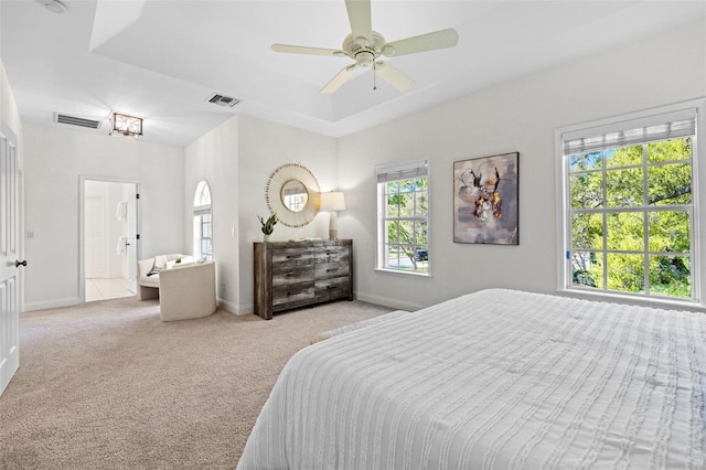 bedroom with visible vents, carpet floors, baseboards, and ceiling fan