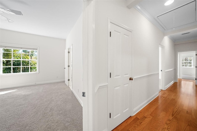 corridor featuring attic access, visible vents, baseboards, and carpet floors