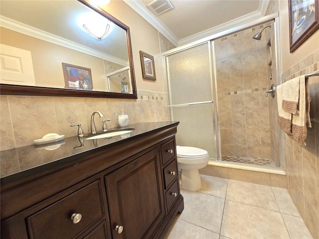 full bathroom featuring visible vents, a stall shower, tile walls, and ornamental molding