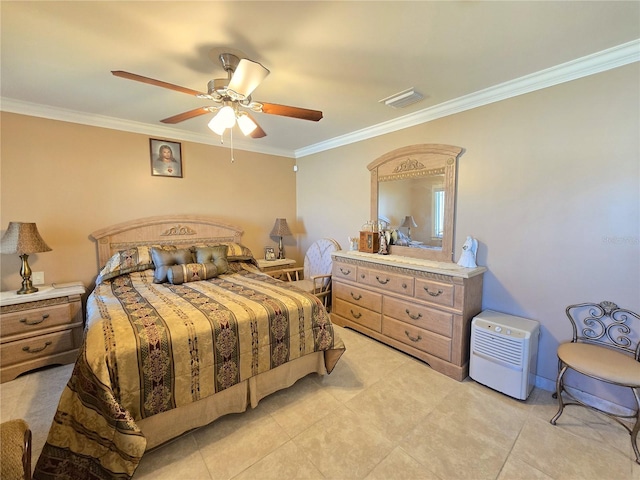 bedroom featuring a ceiling fan, visible vents, and ornamental molding