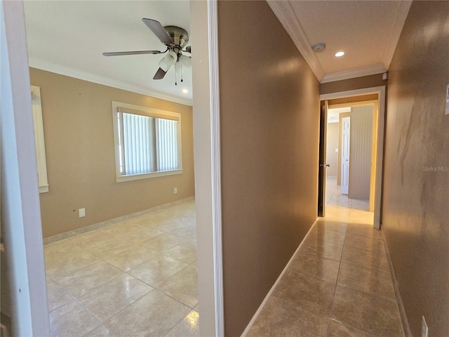 hall featuring light tile patterned floors, recessed lighting, crown molding, and baseboards