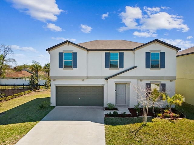 view of front of property with stucco siding, fence, concrete driveway, an attached garage, and a front yard