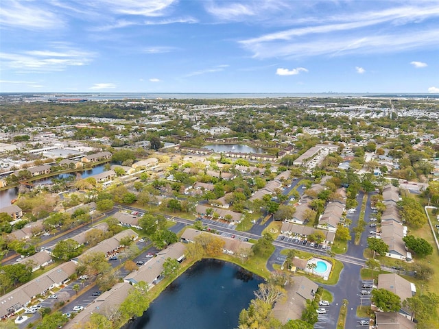 aerial view featuring a water view and a residential view