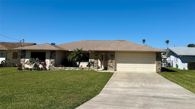 ranch-style home with a front lawn, a garage, stone siding, and driveway