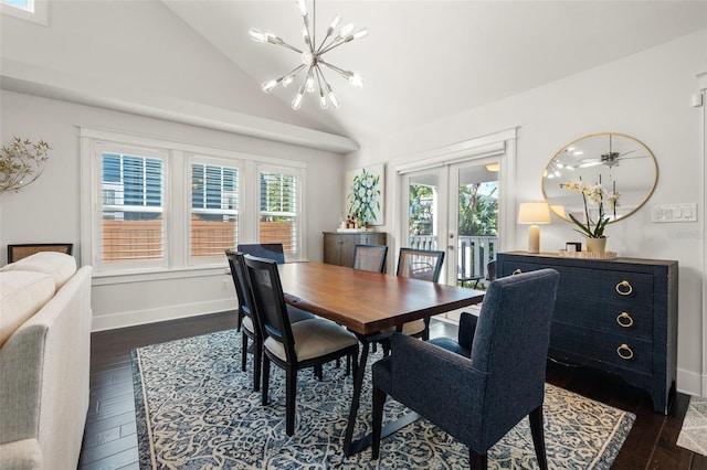dining area with french doors, vaulted ceiling, dark wood finished floors, baseboards, and a chandelier