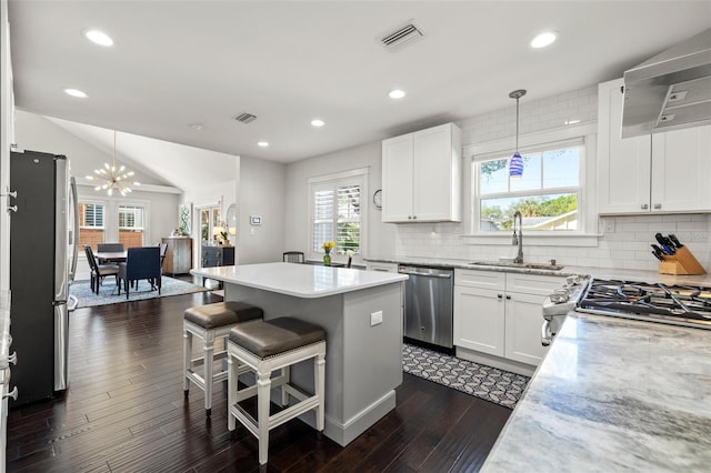 kitchen featuring dark wood-type flooring, a sink, appliances with stainless steel finishes, and tasteful backsplash