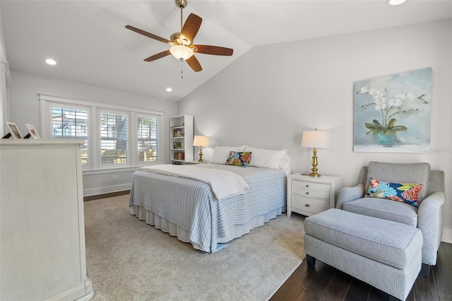 bedroom featuring ceiling fan, recessed lighting, baseboards, wood finished floors, and lofted ceiling