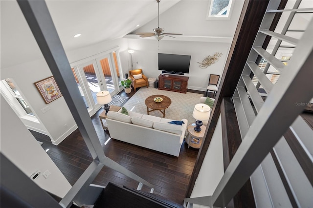 living area featuring a ceiling fan, french doors, hardwood / wood-style flooring, baseboards, and recessed lighting