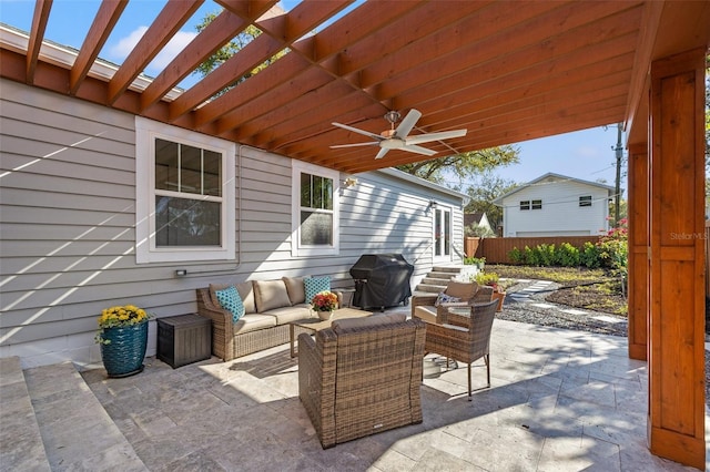 view of patio / terrace with fence, a pergola, outdoor lounge area, entry steps, and a grill