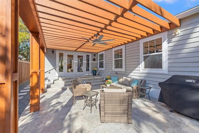 view of patio with a pergola, french doors, area for grilling, an outdoor living space, and a ceiling fan