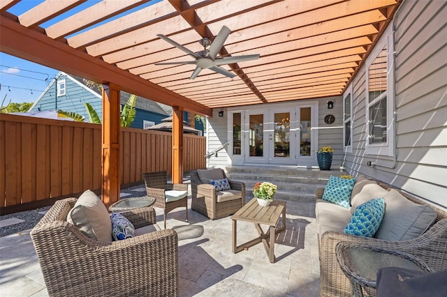 view of patio / terrace featuring ceiling fan, french doors, a fenced backyard, a pergola, and outdoor lounge area