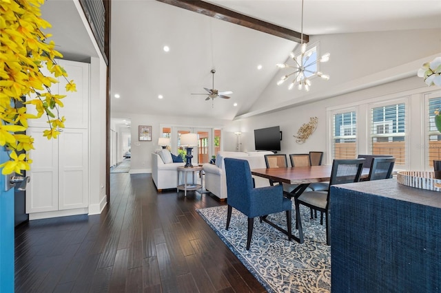 dining area with recessed lighting, dark wood-type flooring, a wealth of natural light, and beamed ceiling