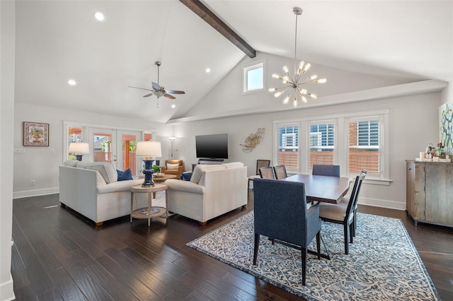 living room featuring beam ceiling, dark wood finished floors, ceiling fan with notable chandelier, recessed lighting, and baseboards