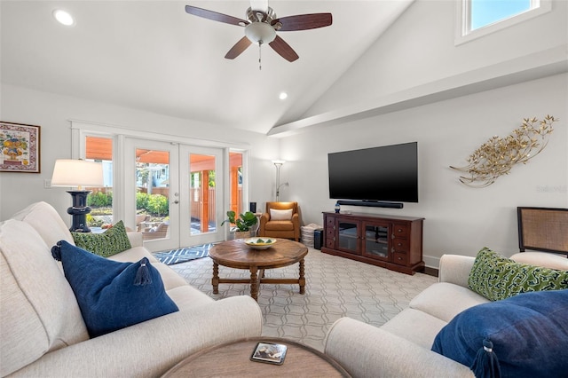 carpeted living room featuring a ceiling fan, french doors, high vaulted ceiling, baseboards, and recessed lighting