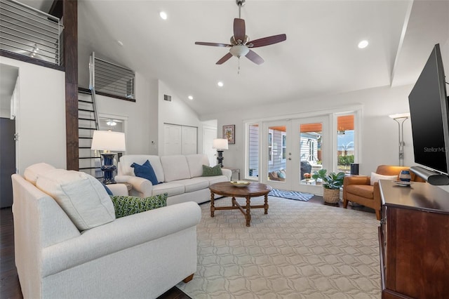 living room featuring recessed lighting, a ceiling fan, visible vents, and french doors